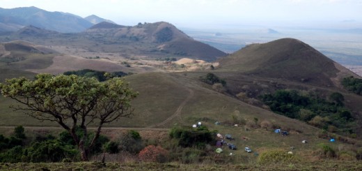 Birds eye view of campsite below satellite hill